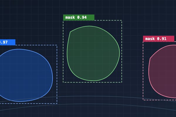 Segmentation masks and bounding boxes with confidence scores over an image grid